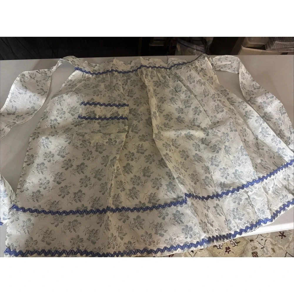 Handmade White Linen Apron Blue Floral Embroidery Adjustable Tie Waist